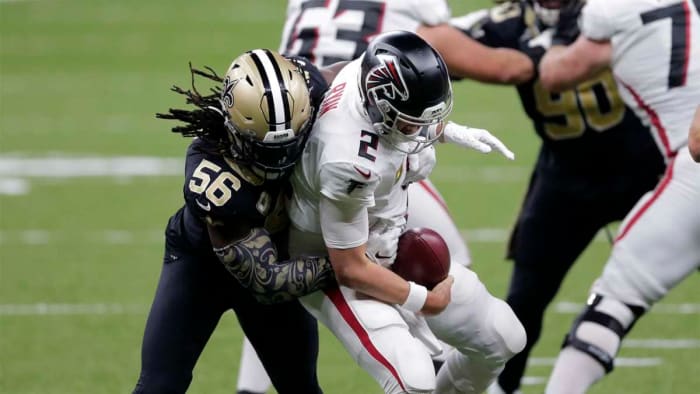 New Orleans Saints LB Demario Davis (56) sacks former Atlanta Falcons QB Matt Ryan (2). Credit: atlantafalcons.com